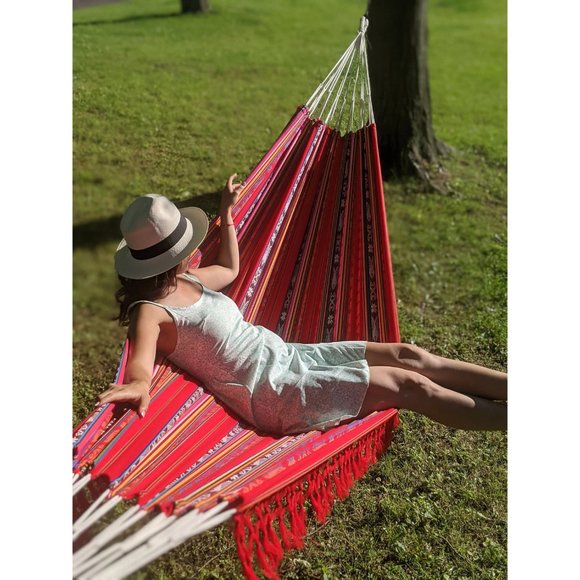 Double Red Boho Hammock Handwoven| Summer Hammock | Double Sided Colorful Hammoc - Picture 3 of 4
